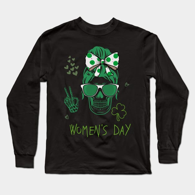 Womens St Patricks Day Skull Messy Bun Saint Pattys Paddys Women Long Sleeve T-Shirt by Adam4you